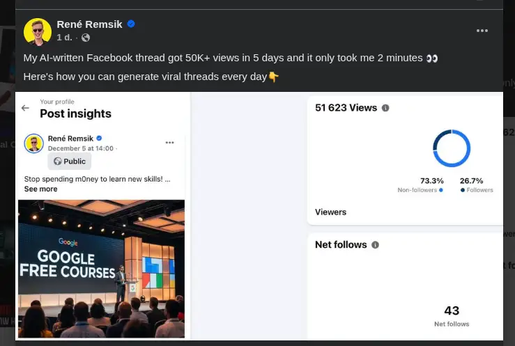 Facebook post from Rene Remsik about ViralSky