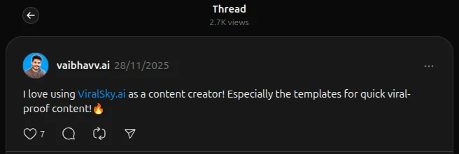 Threads post from Vaibhav Hedaoo about ViralSky